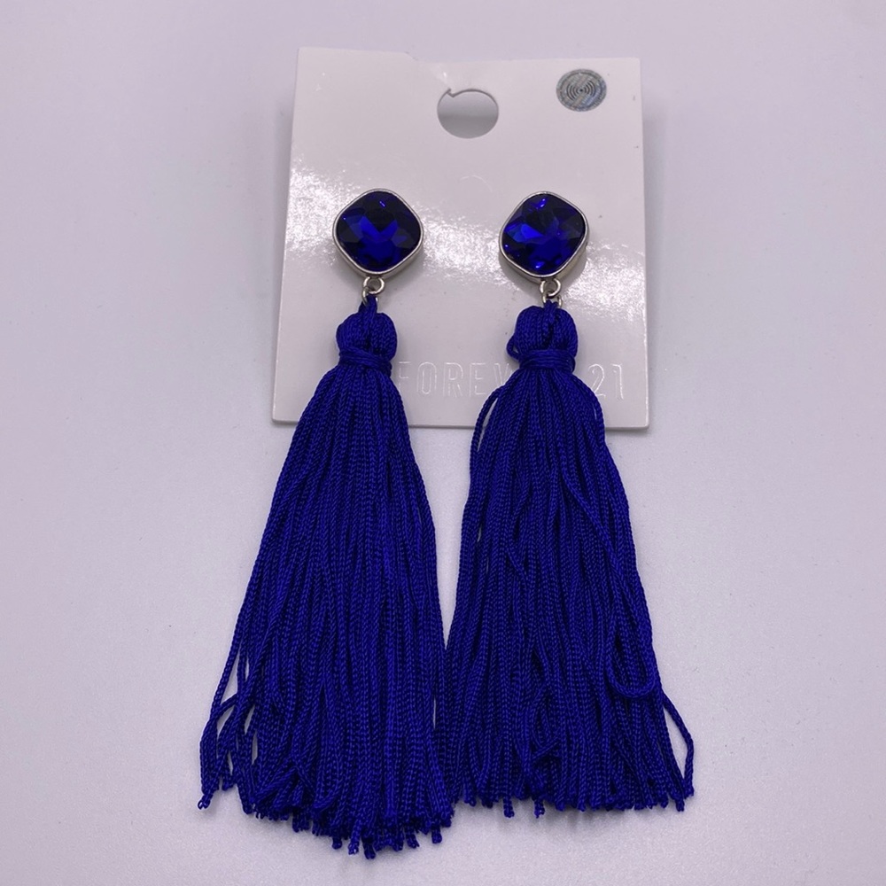 🎁 3 For $15 Forever 21 Blue Long Tassel Blue Gem Earrings